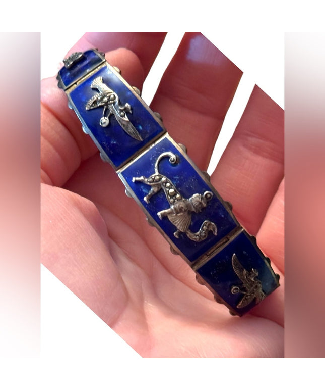 Antique Egyptian Revival Marcasite Blue Enamel Bracelet Sterling Silver RARE