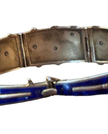 Antique Egyptian Revival Marcasite Blue Enamel Bracelet Sterling Silver RARE