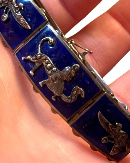 Antique Egyptian Revival Marcasite Blue Enamel Bracelet Sterling Silver RARE
