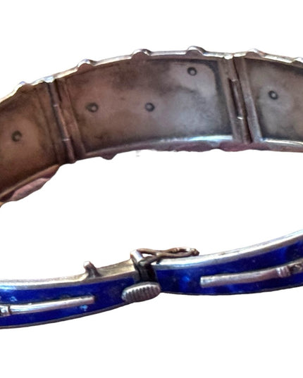 Antique Egyptian Revival Marcasite Blue Enamel Bracelet Sterling Silver RARE