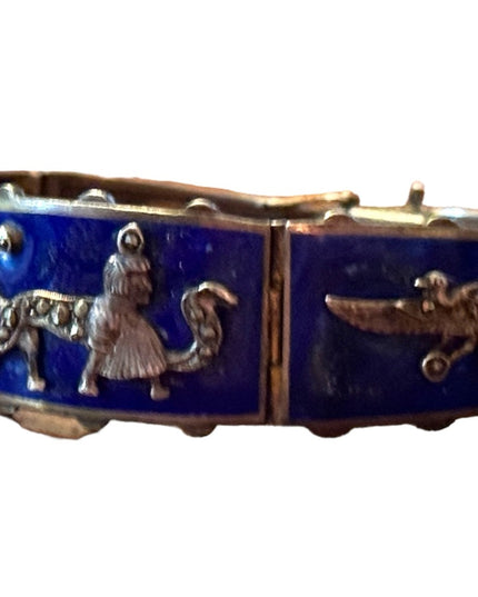 Antique Egyptian Revival Marcasite Blue Enamel Bracelet Sterling Silver RARE