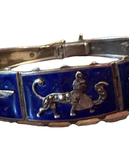 Antique Egyptian Revival Marcasite Blue Enamel Bracelet Sterling Silver RARE