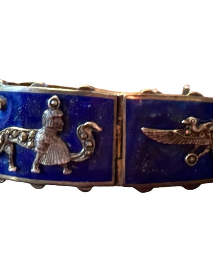 Antique Egyptian Revival Marcasite Blue Enamel Bracelet Sterling Silver RARE