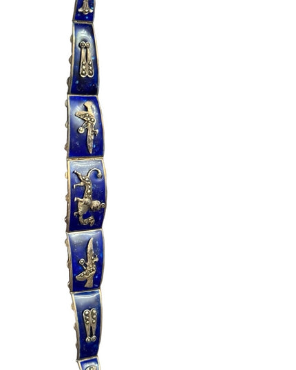 Antique Egyptian Revival Marcasite Blue Enamel Bracelet Sterling Silver RARE