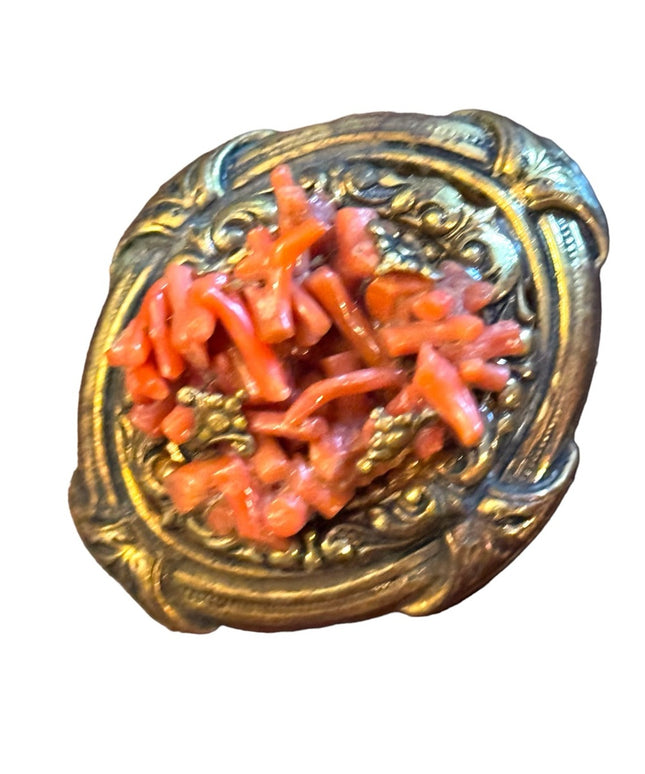 Vintage Coral Brooch Filigree Brass Pin Red Branch Beads Jewelry