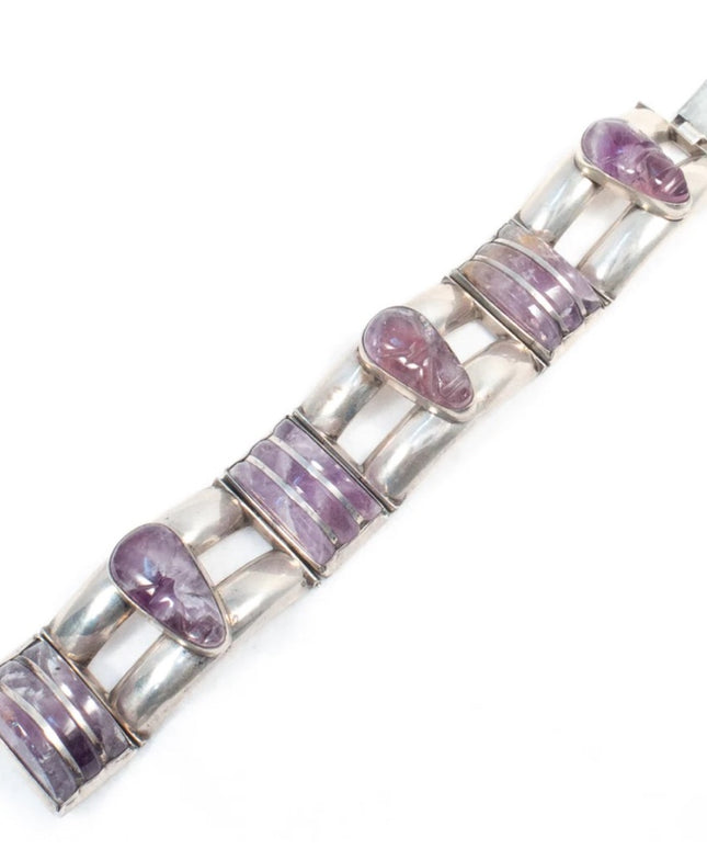 Vintage 1950s Sterling Silver 925 Aztex Mayan Amethyst Bracelet Mexican ERR