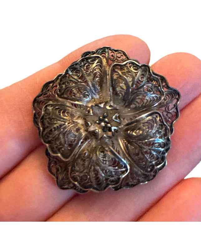 Vintage Mexico Silver filagree flower fancy antiqued brooch