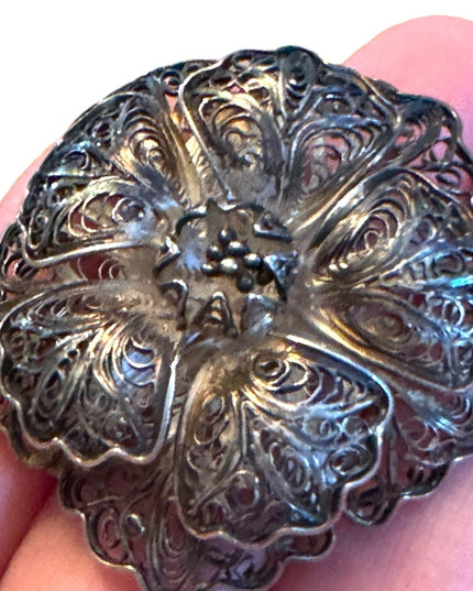 Vintage Mexico Silver filagree flower fancy antiqued brooch