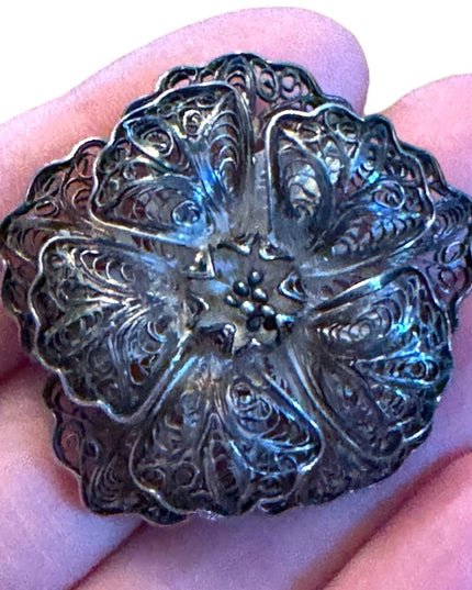 Vintage Mexico Silver filagree flower fancy antiqued brooch