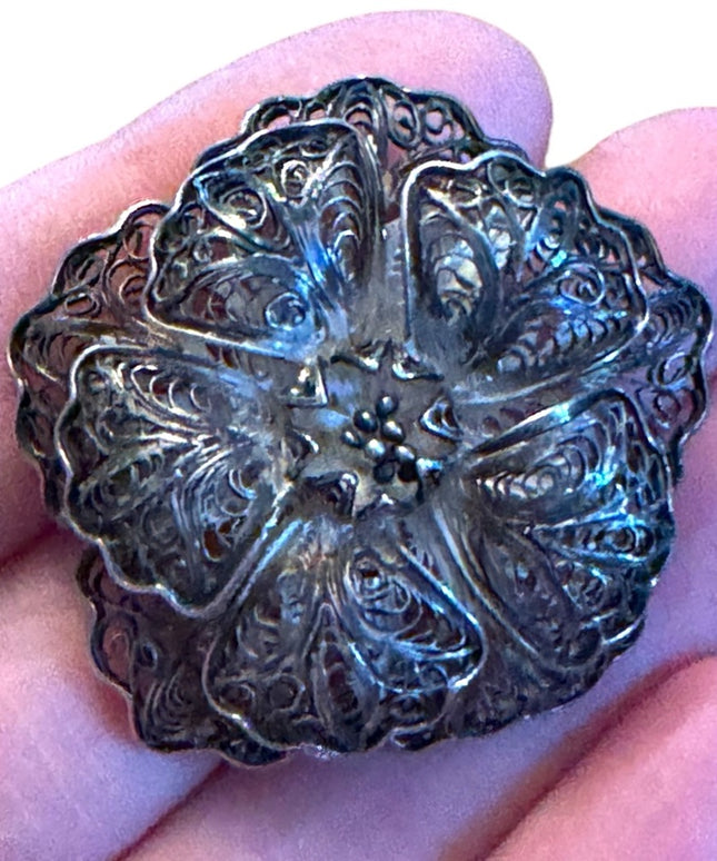 Vintage Mexico Silver filagree flower fancy antiqued brooch