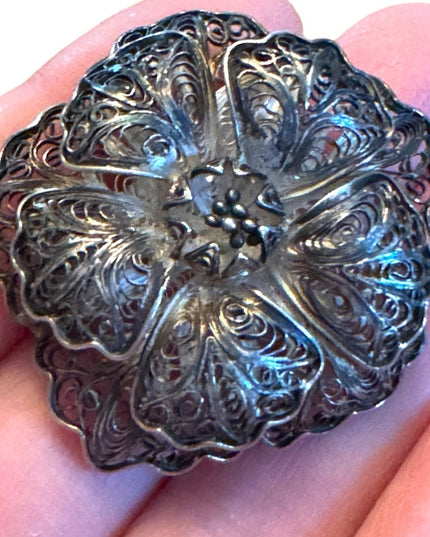Vintage Mexico Silver filagree flower fancy antiqued brooch