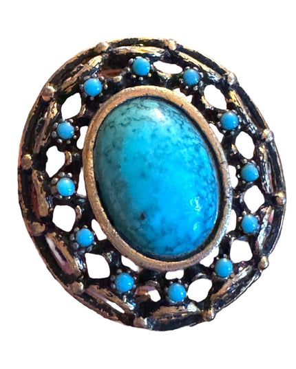 Vintsge gold brassy finish domed faux turquoise cabachon brooch