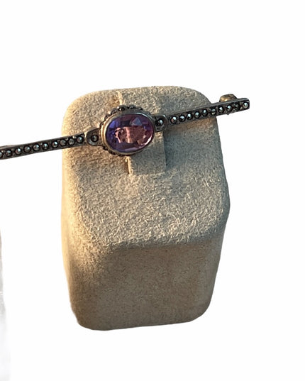 Antique Sterling silver Marcasite amethyst bar brooch