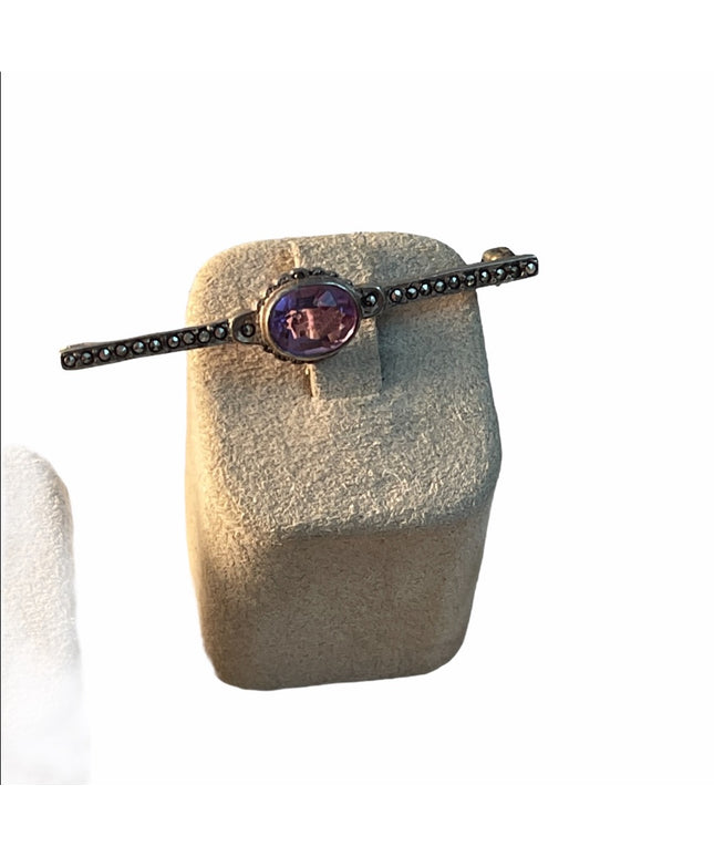 Antique Sterling silver Marcasite amethyst bar brooch