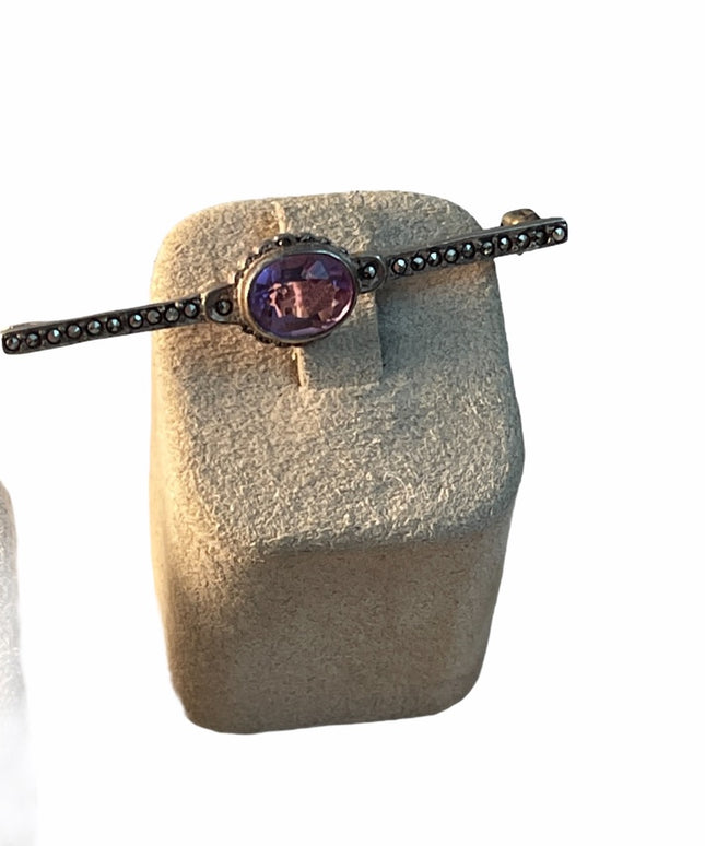 Antique Sterling silver Marcasite amethyst bar brooch
