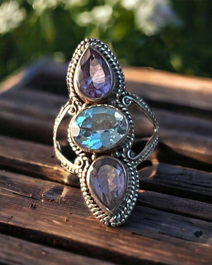 Vintage Sterling oblong amethyst topaz ornate ring Bali