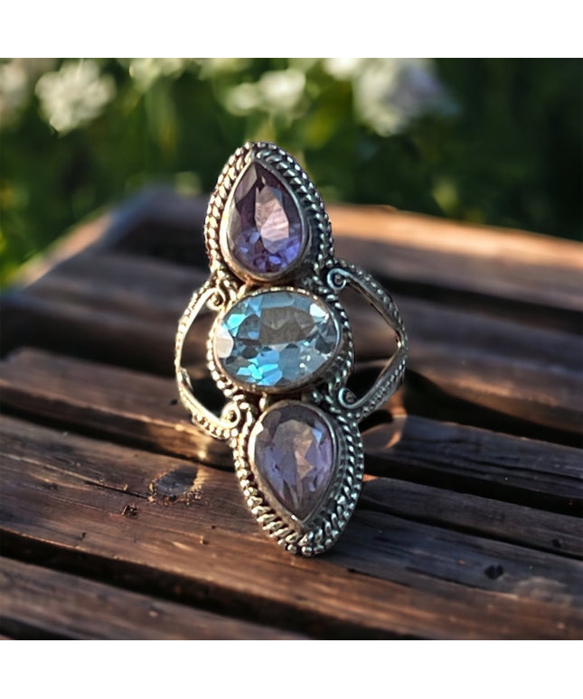 Vintage Sterling oblong amethyst topaz ornate ring Bali