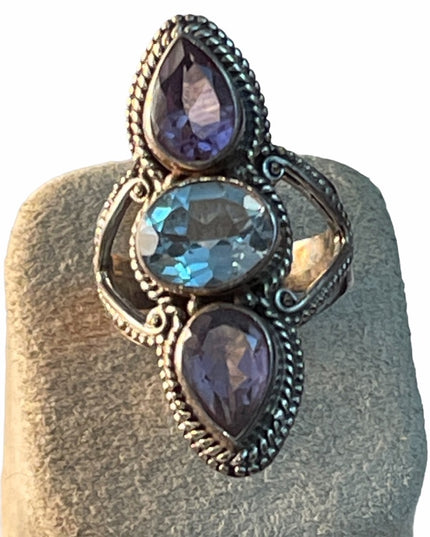 Vintage Sterling oblong amethyst topaz ornate ring Bali