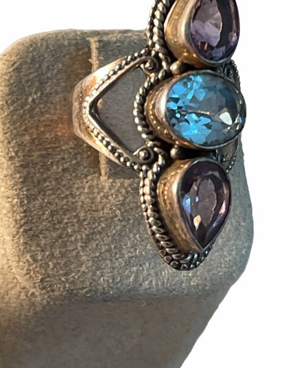 Vintage Sterling oblong amethyst topaz ornate ring Bali
