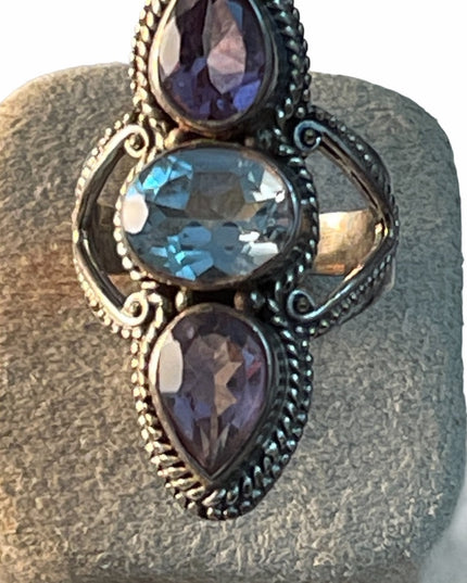 Vintage Sterling oblong amethyst topaz ornate ring Bali