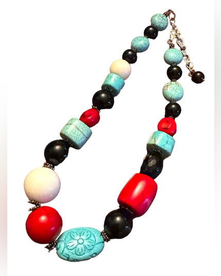 Lovely Handmade Sterling silver coral turquoise black onyx statement necklace