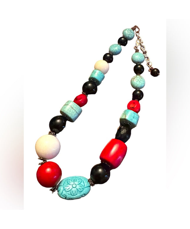 Lovely Handmade Sterling silver coral turquoise black onyx statement necklace
