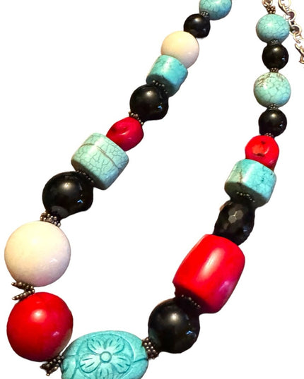 Lovely Handmade Sterling silver coral turquoise black onyx statement necklace