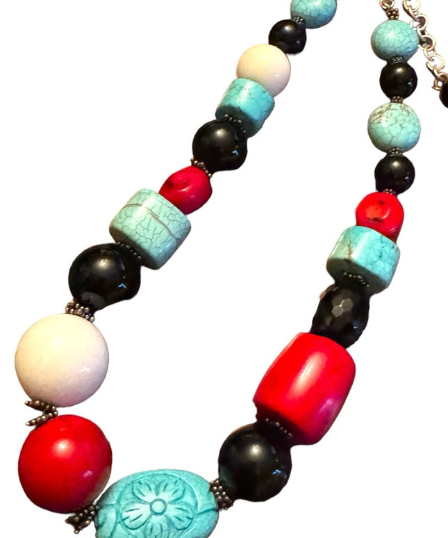 Lovely Handmade Sterling silver coral turquoise black onyx statement necklace