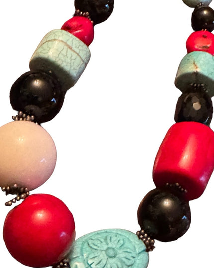 Lovely Handmade Sterling silver coral turquoise black onyx statement necklace