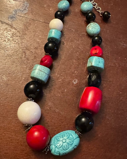 Lovely Handmade Sterling silver coral turquoise black onyx statement necklace