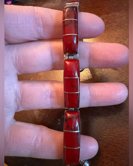 Sterling silver 925 Mexico red jasper chunky link bracelet