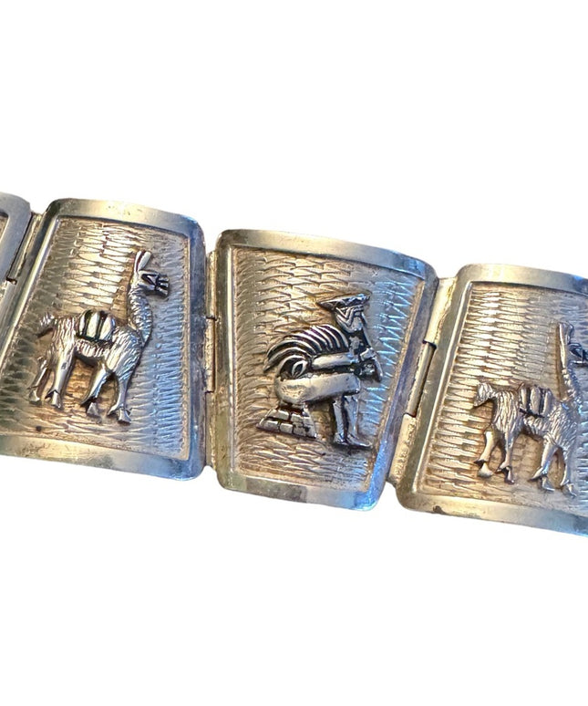 Beautiful Antique Sterling Silver Peruvian Cultural Scenic 7in. Bracelet LLama