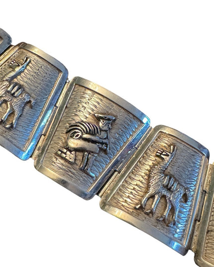 Beautiful Antique Sterling Silver Peruvian Cultural Scenic 7in. Bracelet LLama