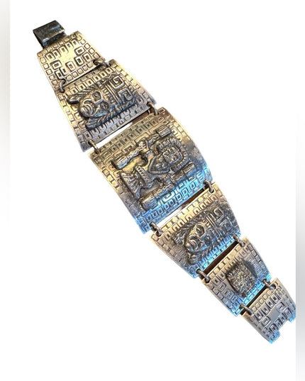 Vintage Mexican Mayan Aztec Warrior sterling link bracelet