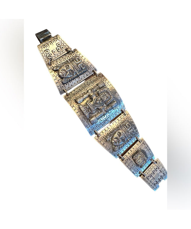 Vintage Mexican Mayan Aztec Warrior sterling link bracelet