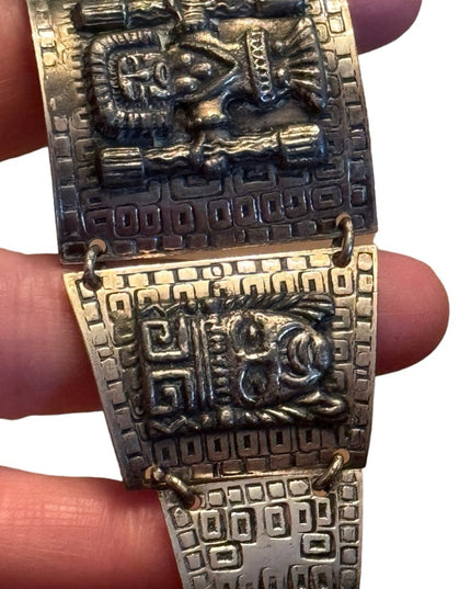 Vintage Mexican Mayan Aztec Warrior sterling link bracelet