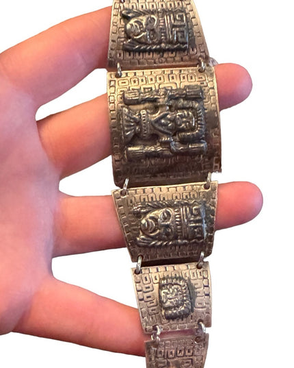 Vintage Mexican Mayan Aztec Warrior sterling link bracelet