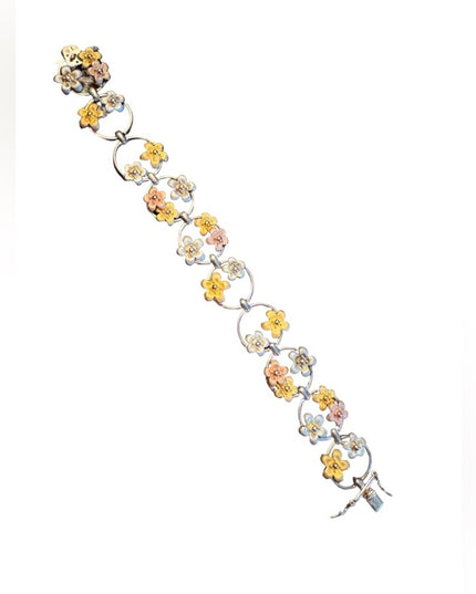 Fancy colorful tri color sterling silver 925 flower link bracelet