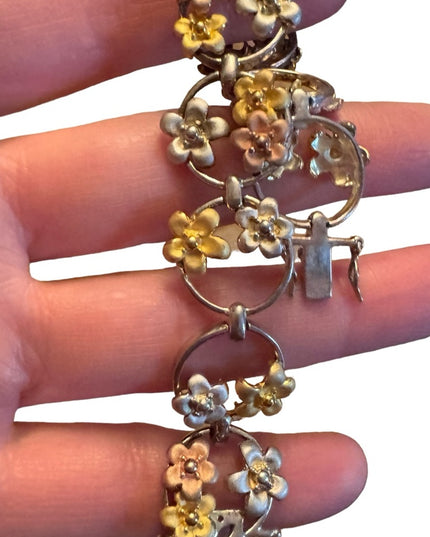Fancy colorful tri color sterling silver 925 flower link bracelet