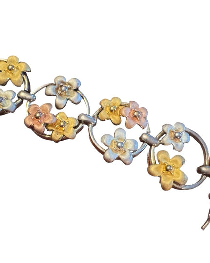 Fancy colorful tri color sterling silver 925 flower link bracelet