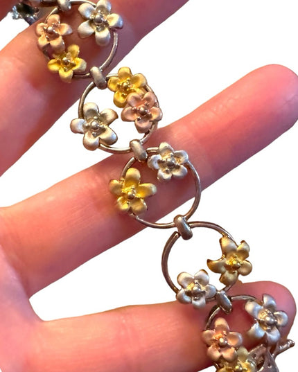 Fancy colorful tri color sterling silver 925 flower link bracelet