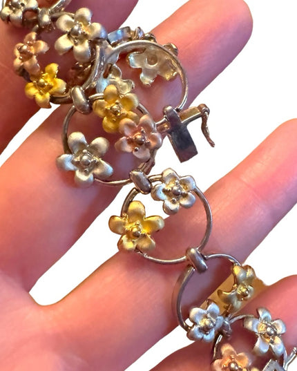 Fancy colorful tri color sterling silver 925 flower link bracelet