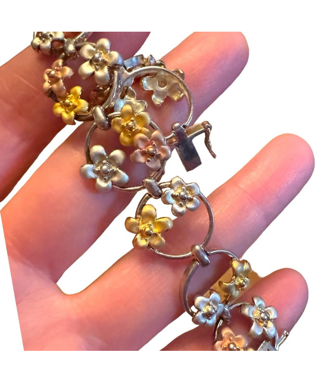 Fancy colorful tri color sterling silver 925 flower link bracelet