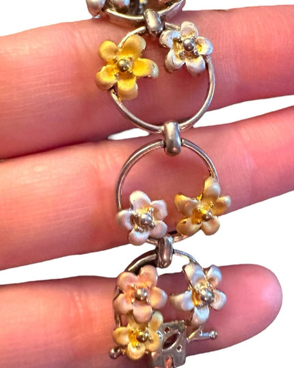 Fancy colorful tri color sterling silver 925 flower link bracelet