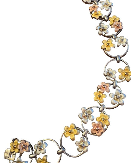 Fancy colorful tri color sterling silver 925 flower link bracelet