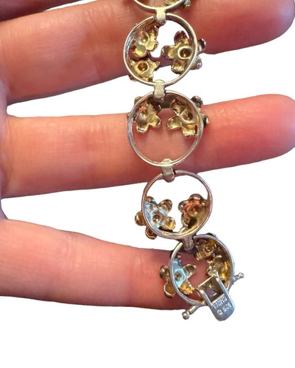 Fancy colorful tri color sterling silver 925 flower link bracelet