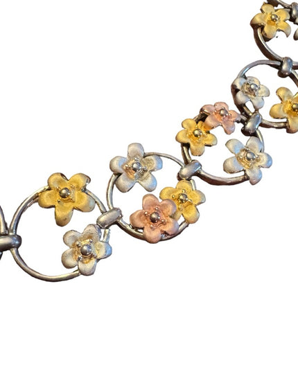 Fancy colorful tri color sterling silver 925 flower link bracelet