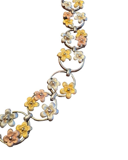 Fancy colorful tri color sterling silver 925 flower link bracelet