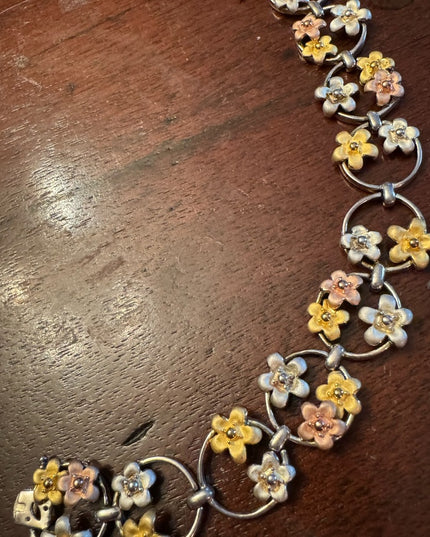 Fancy colorful tri color sterling silver 925 flower link bracelet