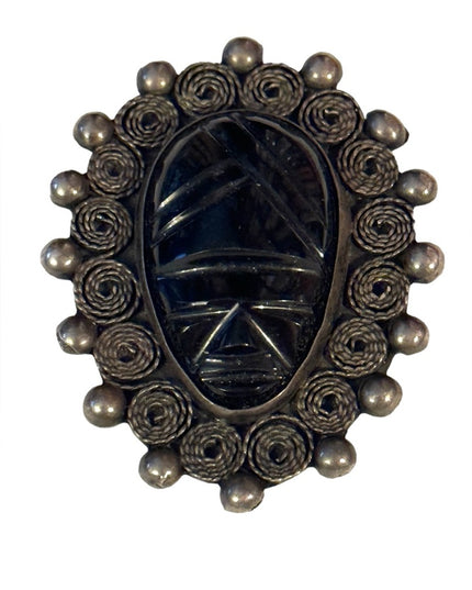 Vintage 1940s Mexico Sterling silver Mayan Aztec Face carved obsidian brooch